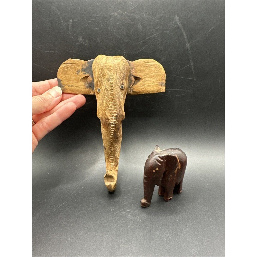 Vintage Wood Elephant 5" X 6” Hand Carved in India Trunk is a Key Hook & Trinket